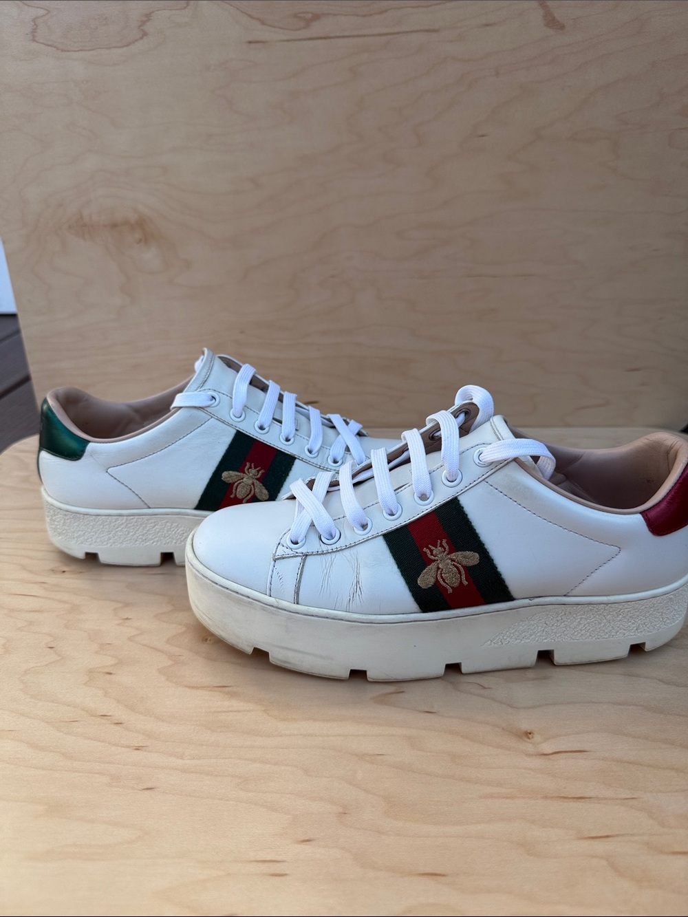 Gucci Ace Platform White Leather Sneakers with Red and Green Web and Gold Bee